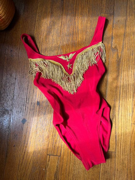 Vintage 90s High Cut swimsuit Fringe Red Hot Vinta