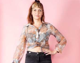 Vintage 70s Sheer Marble Print Button Up Top Butterfly Collar