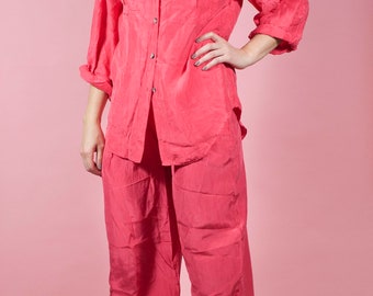 Vintage 90s Silk Two Piece Hot Pink Suit Oversized Magenta Pink Pants Blouse Suit Comfy Cozy Loungewear