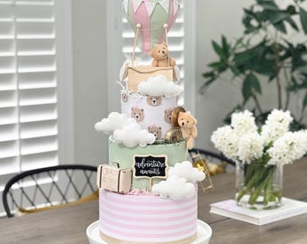Large Hot Air Balloon Diaper Cake: Pink Green Travel Theme Centerpiece