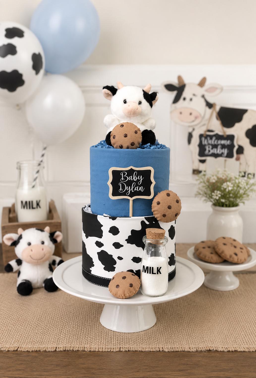 Milk & Cookies Diaper Cake, Blue Cow Baby Boy Shower Centerpiece