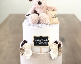 Gender Neutral &quot;Baby Brewing&quot; Puppy Dog / Coffee Lovers Diaper Cake - Birthday Baby Shower Baby Sprinkle Gift / Centerpiece