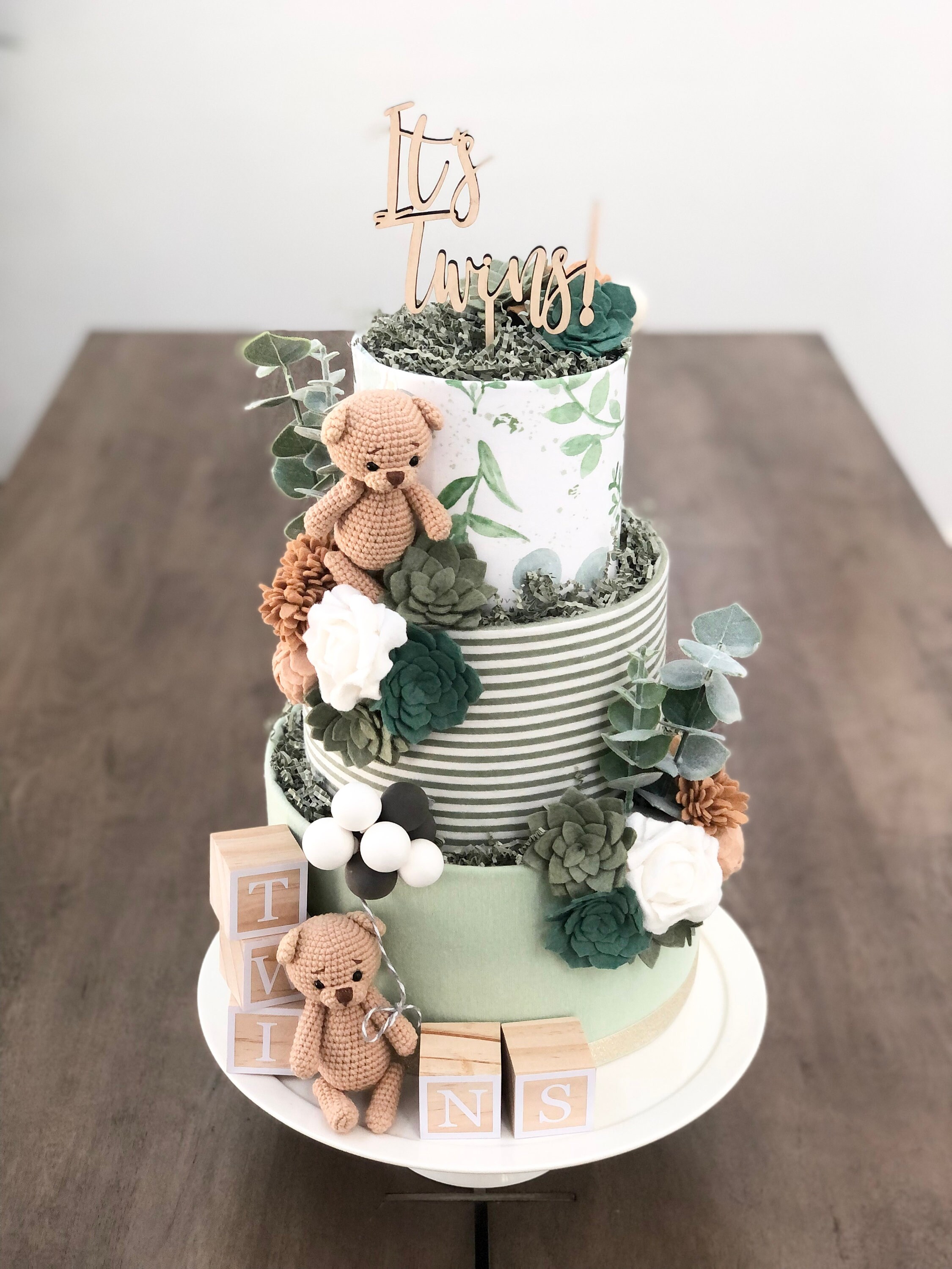 Large Gender-Neutral Sage Twins Twin Bears & Eucalyptus and Felt Flowers Diaper Cake Baby Shower Birthday Baby Sprinkle Gift Centerpiece