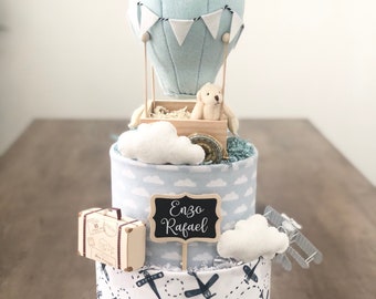 2-Tier Blue Hot Air Balloon Diaper Cake - Baby Shower Gift / Centerpiece