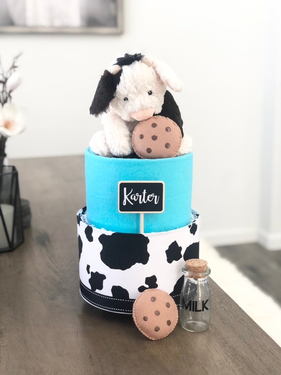 Gender Neutral Milk and Cookies Cow Diaper Cake Birthday Baby