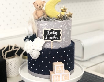 Bohemian Boho Bear Moon & Stars Diaper Cake in Navy Blue, White and Gray - Birthday Baby Shower Baby Sprinkle Gift / Centerpiece