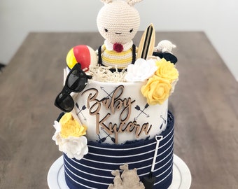 Medium Navy and Yellow "Beach Bunny" Surfer and Sand Castles Themed Diaper Cake Baby Shower Birthday Baby Sprinkle Gift / Centerpiece