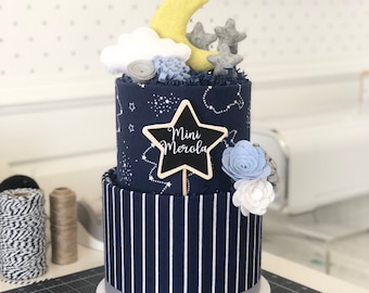 Small Navy Blue "Moon & Stars" Diaper Cake Birthday Baby Shower Baby Sprinkle Gift / Centerpiece