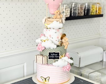 Large Hot Air Balloon Diaper Cake: Pink Sage Green Travel Theme Centerpiece with Butterflies + Flowers