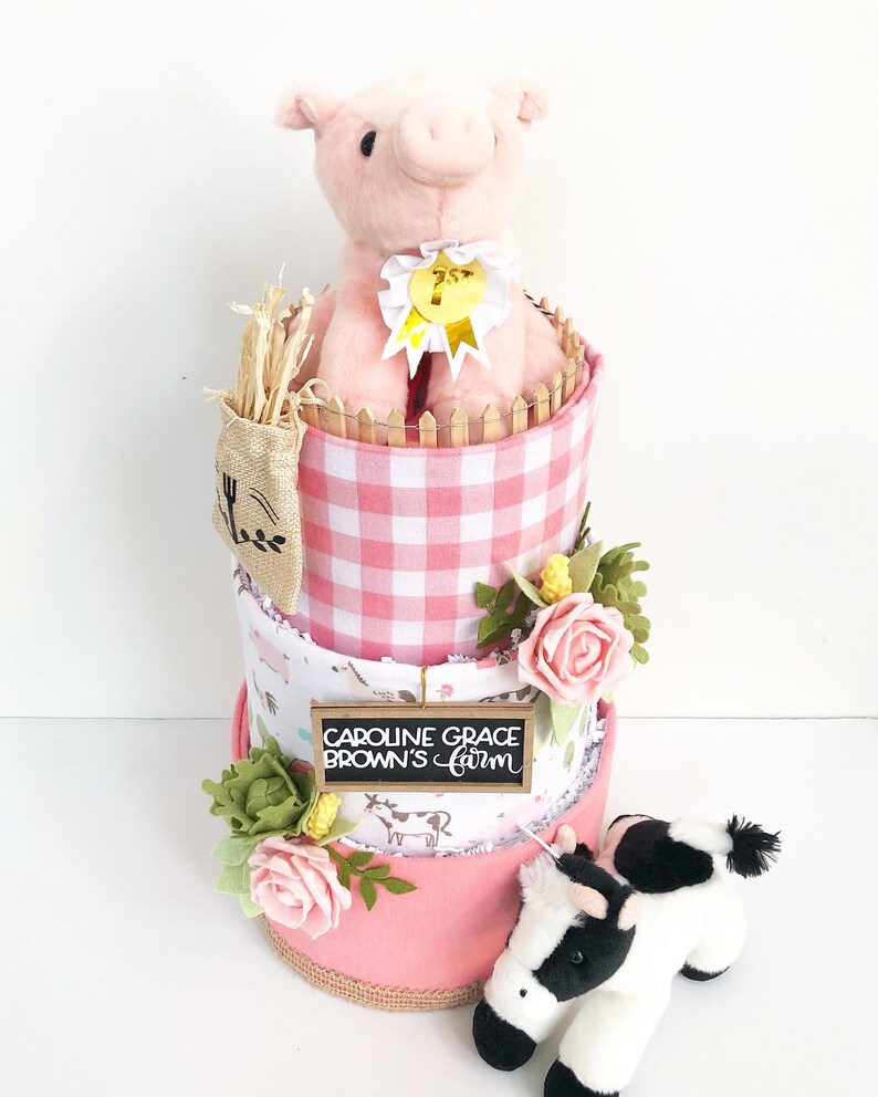 Pink Farm w/Pig, Cow, Corn, Cabbage and Felt Flowers Diaper Cake Baby Shower Birthday Baby Sprinkle Gift Centerpiece image 2