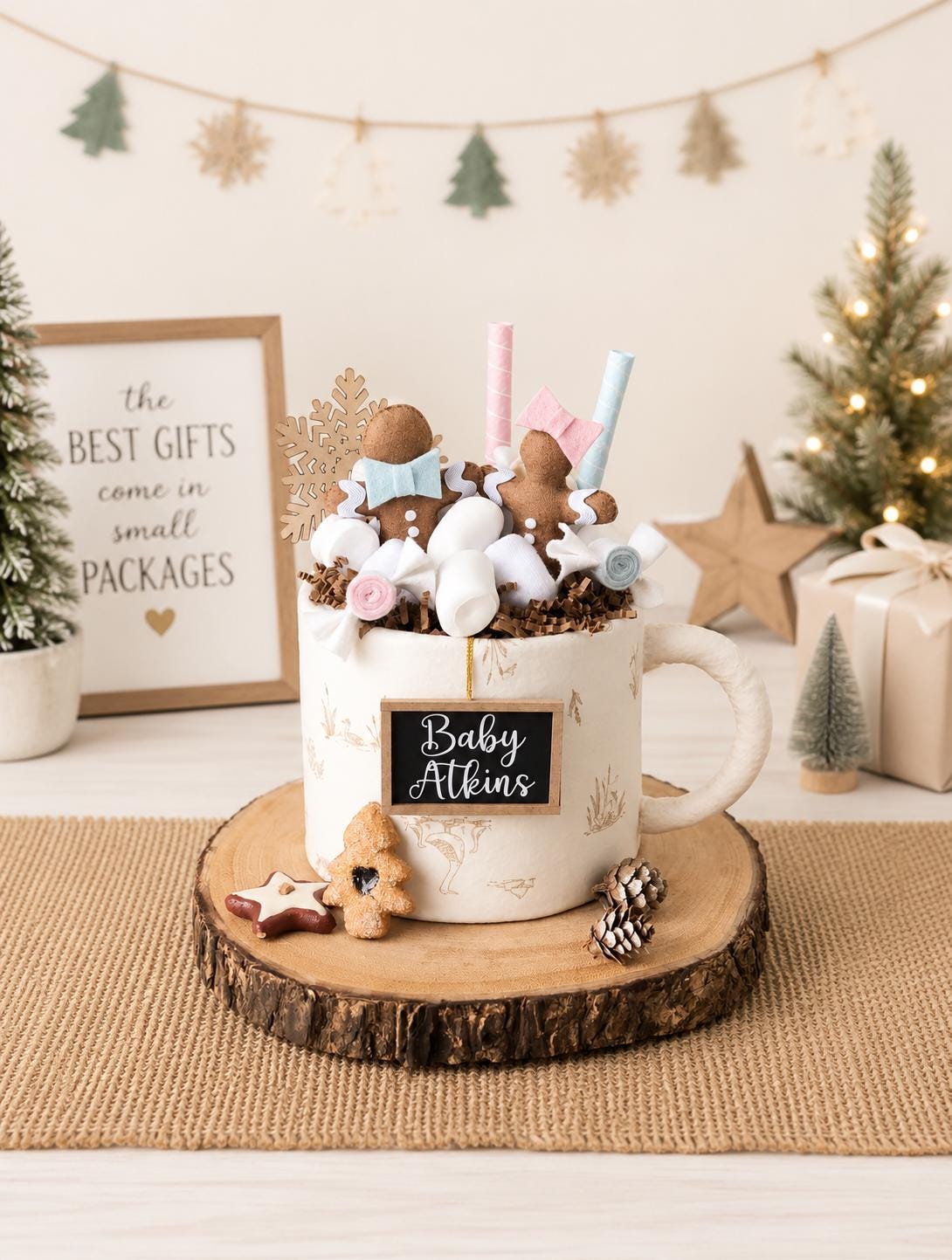 W TWC BABY CAKES JK Sサイズ Mini Hot Cocoa Diaper Cake, Gingerbread Twins Baby Shower
