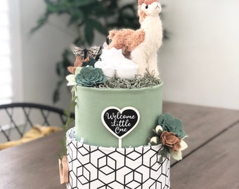 Gender Neutral Llama, Succulents, and Washcloth Roses Diaper Cake Baby Shower Gender Reveal Birthday Baby Sprinkle Gift Centerpiece