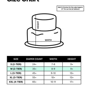 Peut inclure: Un tableau des tailles en noir et blanc pour un g&acirc;teau de couches avec un dessin au trait d'un g&acirc;teau &agrave; deux &eacute;tages. Le tableau indique les tailles S &agrave; XXL, le nombre de couches et les dimensions en pouces. Inclut des notes sur les d&eacute;corations.