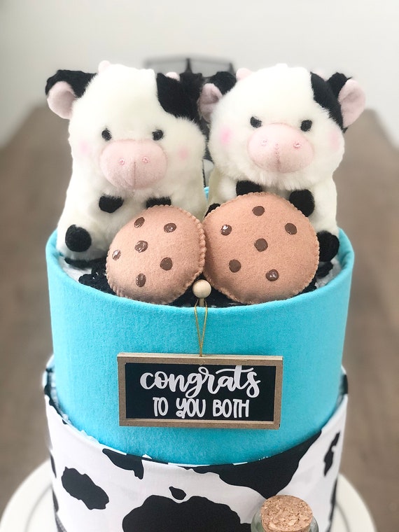 Large Twins Milk and Cookies Cow Diaper Cake Birthday Baby Shower