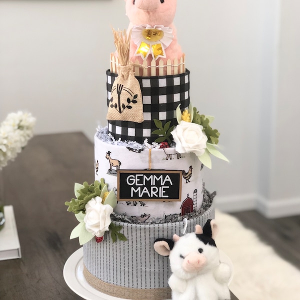 Large Gender-Neutral Farm w/Pig, Cow, Corn, Cabbage and Felt Flowers Diaper Cake Baby Shower Birthday Baby Sprinkle Gift Centerpiece