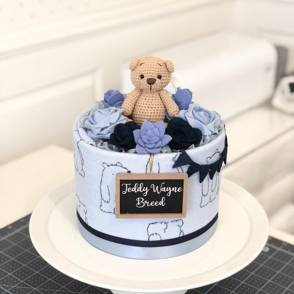 Blue Baby Boy Teddy Bear and Flowers Mini Diaper Cake Baby Shower Birthday Baby Sprinkle Gift / Centerpiece