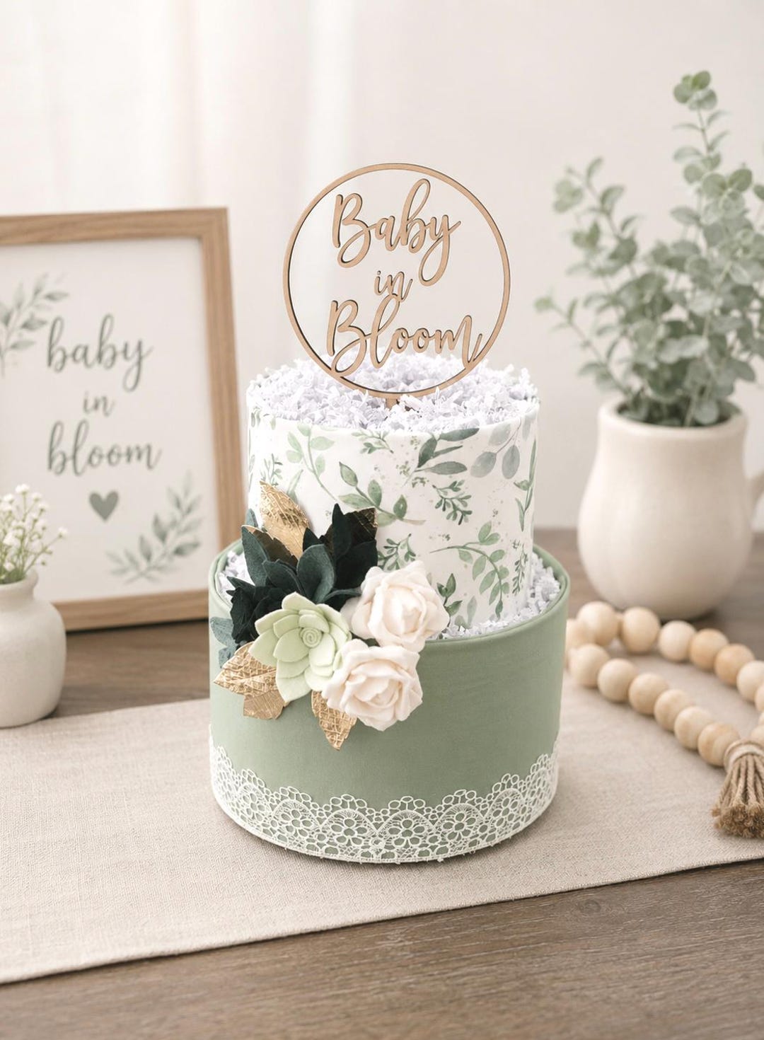 Baby in Bloom Diaper Cake, Gender Neutral Baby Shower Centerpiece