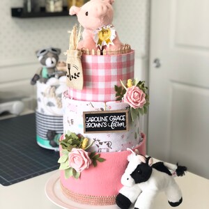 Pink Farm w/Pig, Cow, Corn, Cabbage and Felt Flowers Diaper Cake Baby Shower Birthday Baby Sprinkle Gift Centerpiece image 7