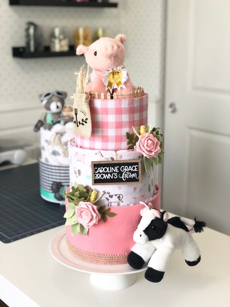 Pink Farm w/Pig, Cow, Corn, Cabbage and Felt Flowers Diaper Cake Baby Shower Birthday Baby Sprinkle Gift Centerpiece image 7