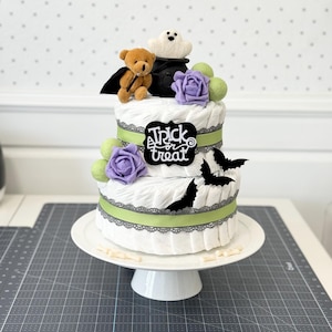 Medium Exposed &quot;Trick or Treat&quot; Bear + Ghost Halloween Themed Diaper Cake - Baby Shower Birthday Baby Sprinkle Gift / Centerpiece