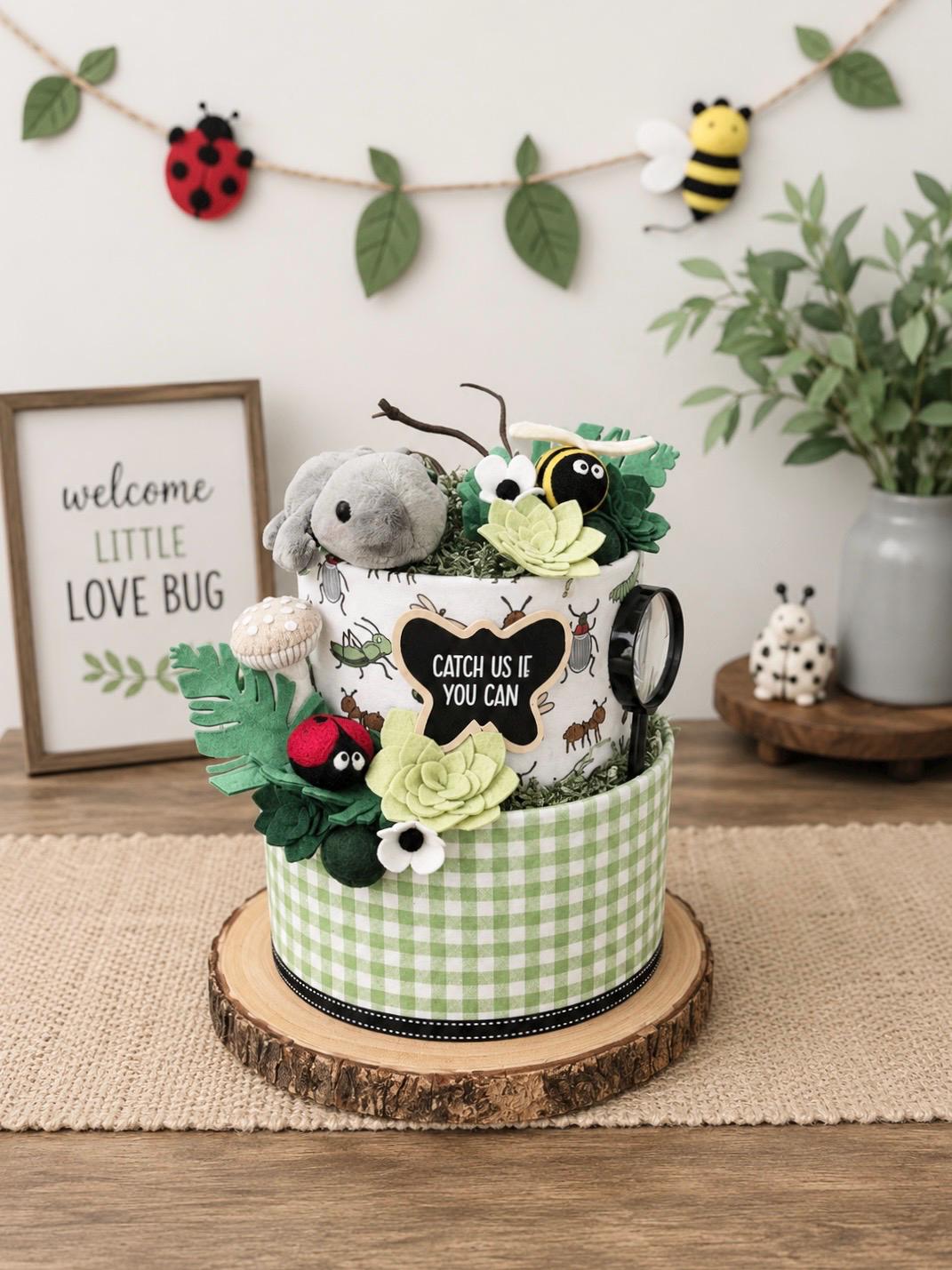 Baby Bug Baby Shower Diaper Cake, Ladybug Bee Gecko Centerpiece