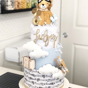 Blue Lion Pilot Airplane Flight Travel Adventure Diaper Cake - Baby Shower, Birthday, Baby Sprinkle Gift / Centerpiece