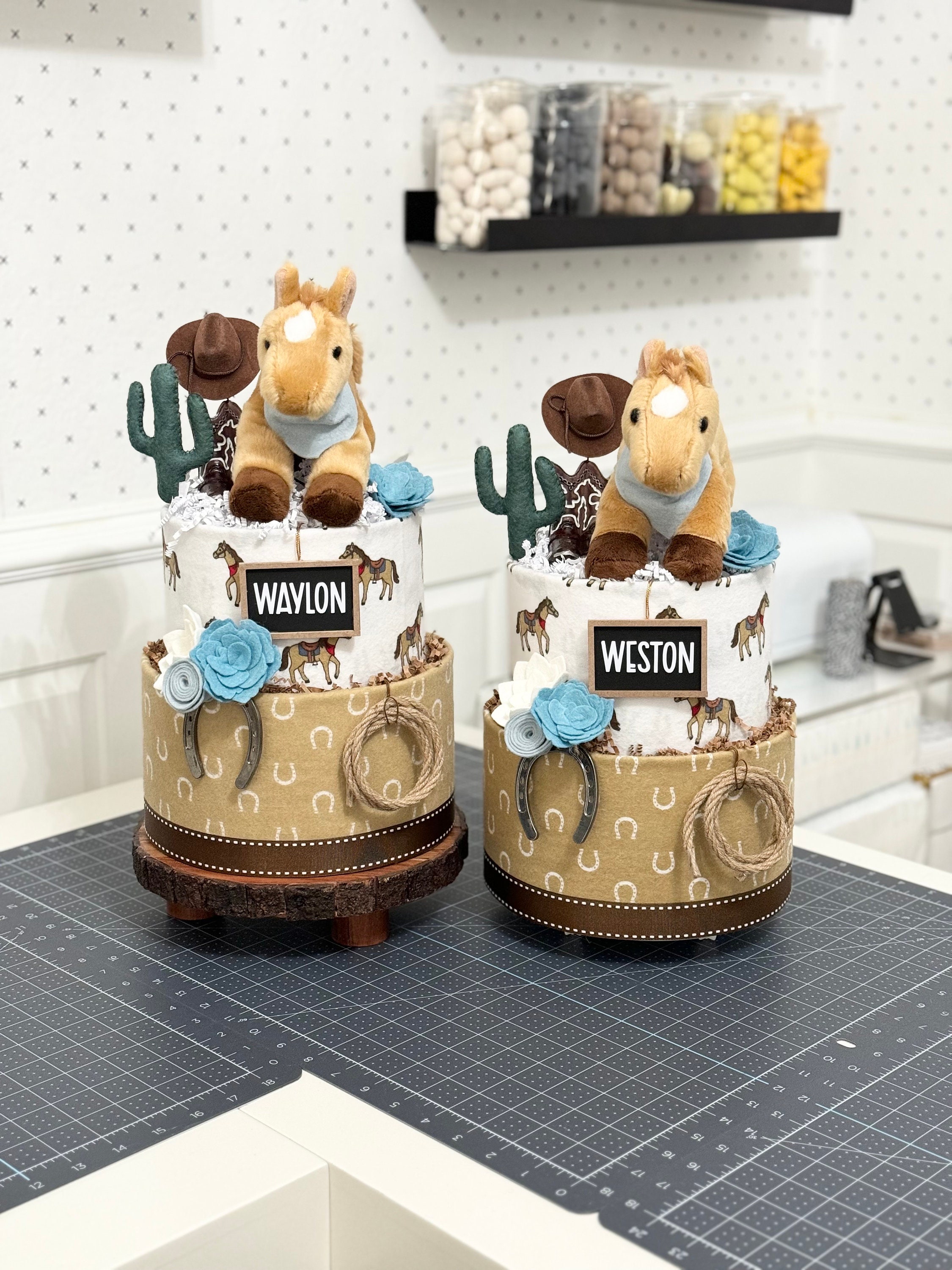 Twin Cowboy Diaper Cakes any PREMIUM theme Baby Shower Birthday Baby Sprinkle Gift Centerpiece