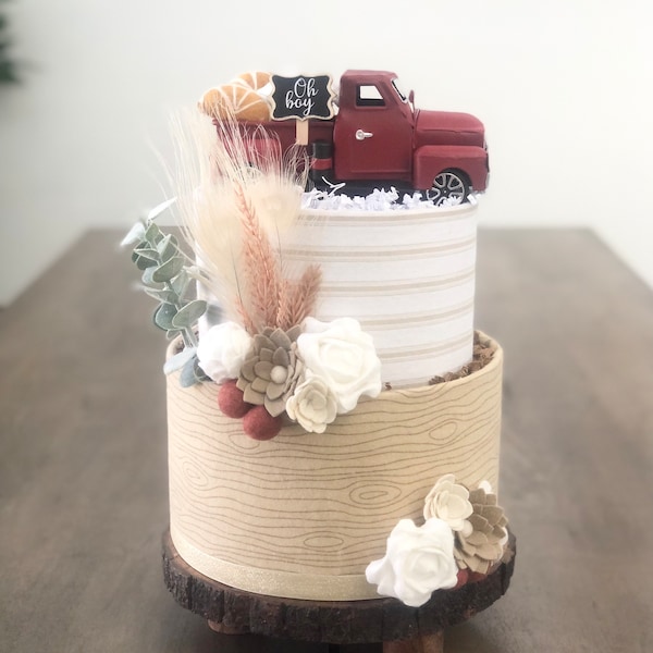 Bohemian Rustic Shabby Chic "Vintage Red Truck" Diaper Cake Baby Shower Birthday Baby Sprinkle Gift / Centerpiece