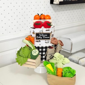 Medium &quot;Locally Grown Baby&quot; Vegetables and Fruits Themed Diaper Cake - Baby Shower, Birthday, Baby Sprinkle Gift / Centerpiece