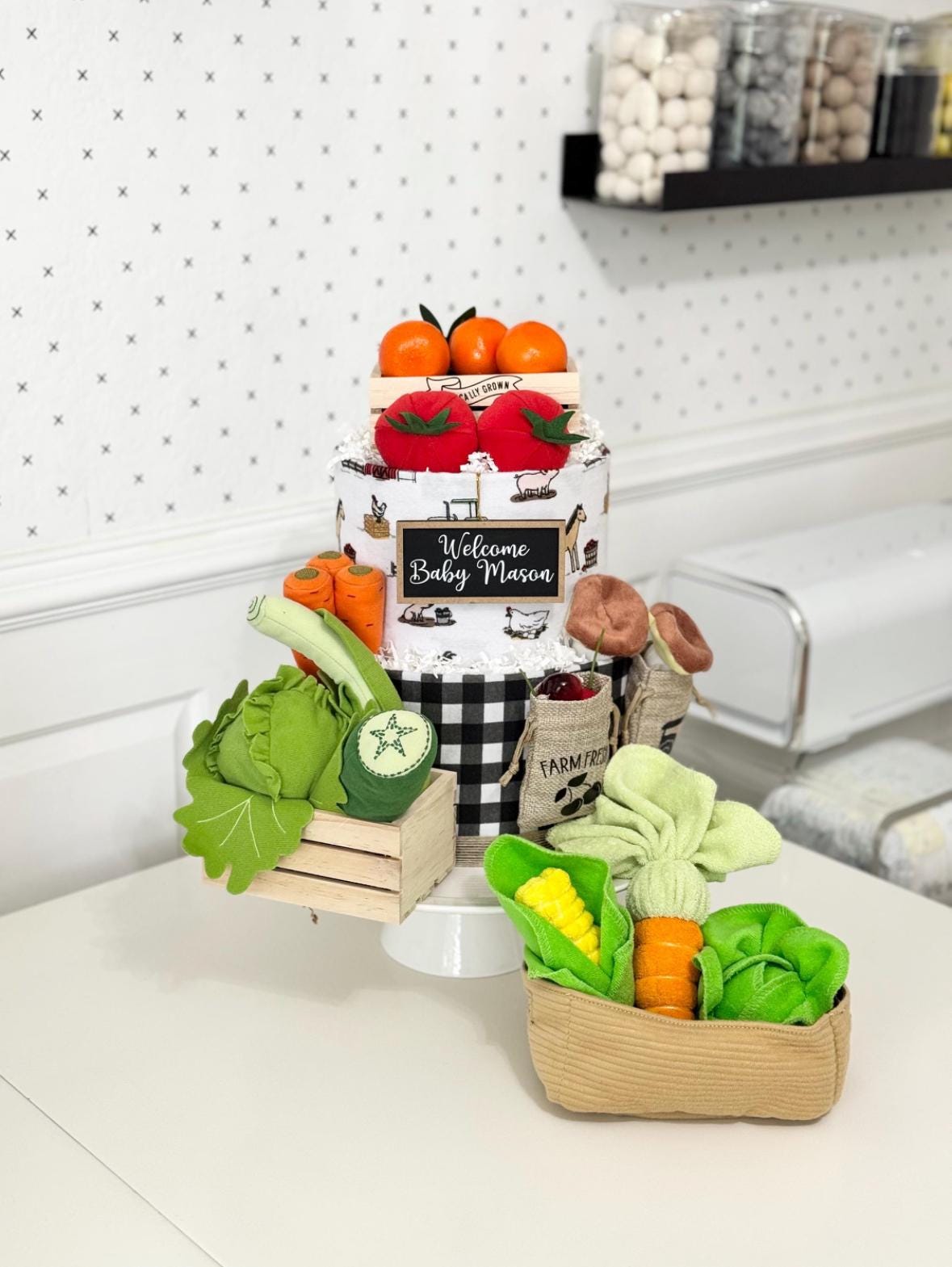 Medium "Locally Grown Baby" Vegetables and Fruits Themed Diaper Cake - Baby Shower, Birthday, Baby Sprinkle Gift / Centerpiece