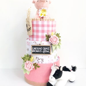 Pink Farm w/Pig, Cow, Corn, Cabbage and Felt Flowers Diaper Cake Baby Shower Birthday Baby Sprinkle Gift Centerpiece image 3