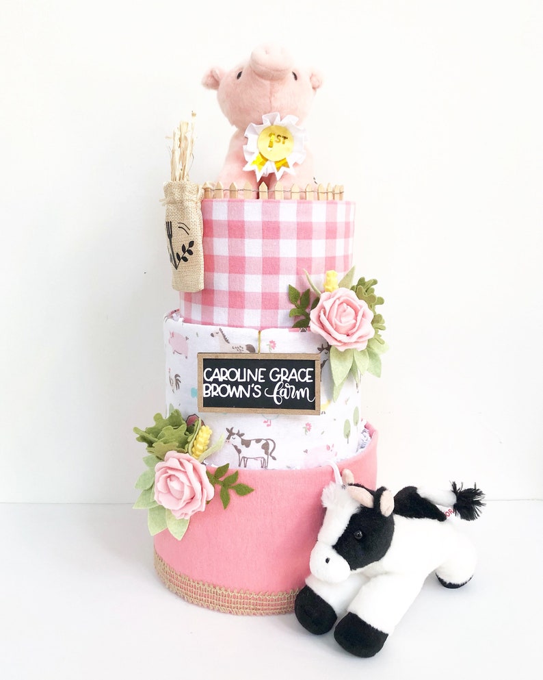 Pink Farm w/Pig, Cow, Corn, Cabbage and Felt Flowers Diaper Cake Baby Shower Birthday Baby Sprinkle Gift Centerpiece image 3