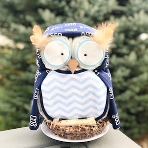 Blue Owl Shaped Baby Boy Diaper Cake Baby Shower Birthday Baby Sprinkle Gender Reveal Gift / Centerpiece