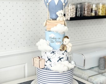 Large Blue Hot Air Balloon Adventure Diaper Cake - Baby Shower Gift / Centerpiece