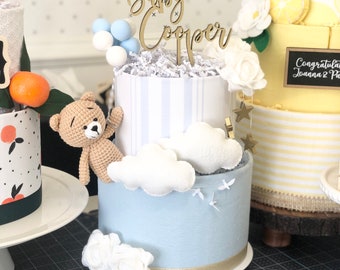 Small Bear in the Clouds Balloons + Stars Diaper Cake in Light Blue, White, Gold - Baby Shower Gender Reveal Birthday Gift Centerpiece