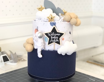 Astronaut Rocket Ship, Stars and Clouds in Outer Space Diaper Cake Birthday Baby Shower Baby Sprinkle Gift / Centerpiece