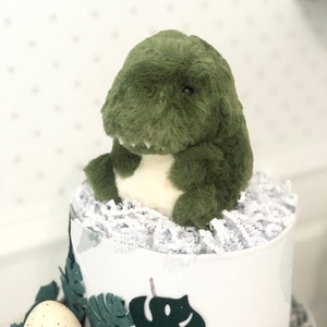 Peut inclure: Une peluche dinosaure verte avec un ventre cr&egrave;me est pos&eacute;e sur un contenant cadeau cylindrique rempli de papier d&eacute;chiquet&eacute; blanc. Le contenant est d&eacute;cor&eacute; de feuilles de monstera en feutrine et d'un ornement en forme d'&oelig;uf tachet&eacute;.