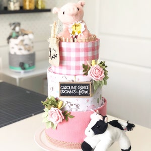 Pink Farm w/Pig, Cow, Corn, Cabbage and Felt Flowers Diaper Cake Baby Shower Birthday Baby Sprinkle Gift Centerpiece image 1