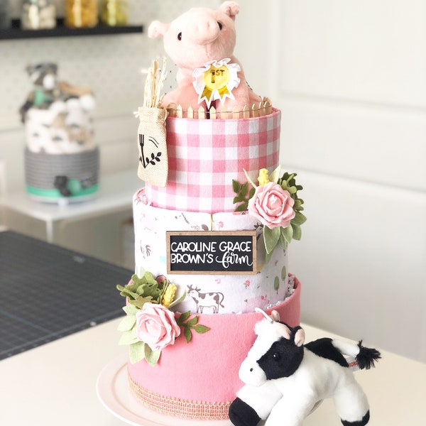 Pink Farm w/Pig, Cow, Corn, Cabbage and Felt Flowers Diaper Cake Baby Shower Birthday Baby Sprinkle Gift  Centerpiece