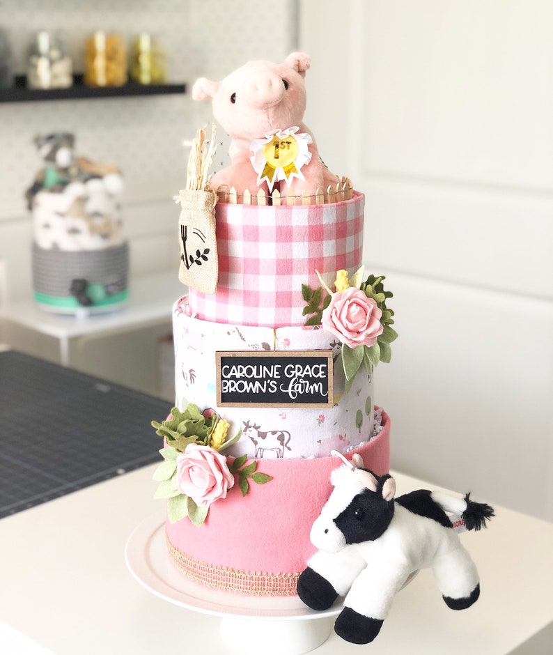 Pink Farm w/Pig, Cow, Corn, Cabbage and Felt Flowers Diaper Cake Baby Shower Birthday Baby Sprinkle Gift Centerpiece image 1