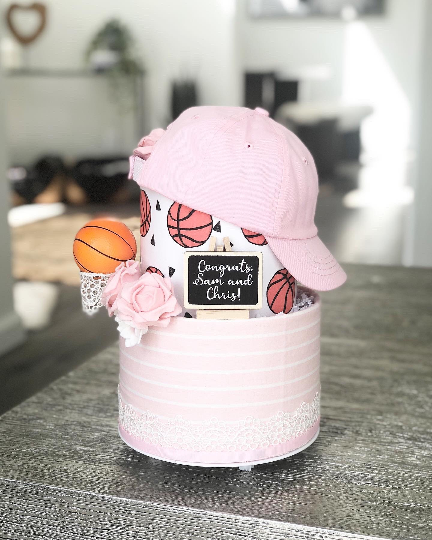 Pink Orange Basketball Girl Sports Themed Small Diaper Cake Birthday Baby Shower Baby Sprinkle Gift Centerpiece