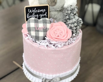 Pink Gray Koala Baby Girl Mini Diaper Cake Baby Shower Birthday Baby Sprinkle Gift / Centerpiece