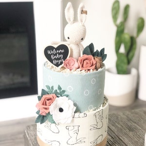 Sage Floral Bunny Rabbit &quot;Hop To It&quot; Diaper Cake Baby Shower Birthday Baby Sprinkle Gift / Centerpiece