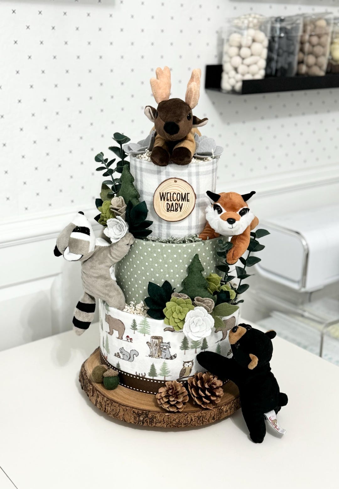 Large Sage Green and Gray Woodland Diaper Cake Baby Shower