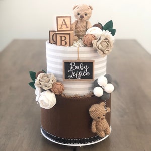 Small Gender Neutral Brown Bear Balloon ABC Blocks and Flowers Diaper Cake Baby Shower Gift Centerpiece