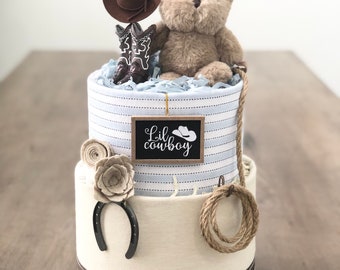 Lil' Cowboy Teddy Bear Western Themed Diaper Cake Baby Shower Birthday Baby Sprinkle Gift / Centerpiece