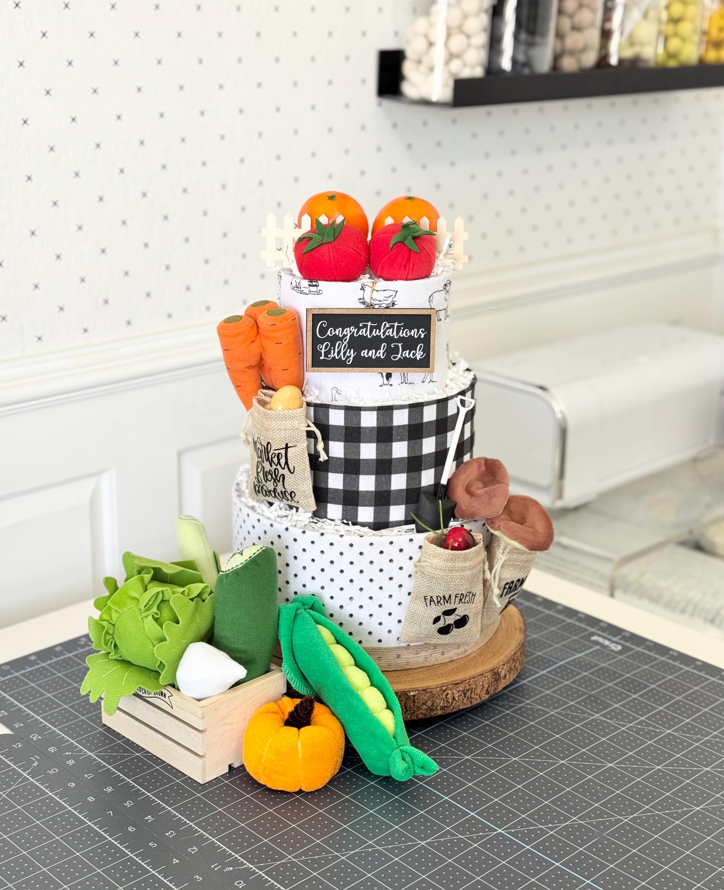 Large Gender Neutral "Locally Grown Baby" Vegetables + Fruits Themed Diaper Cake - Baby Shower / Birthday / Baby Sprinkle Gift / Centerpiece