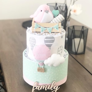 Mint Green and Pink Bird Hot Air Balloon Diaper Cake / Baby Shower Sprinkle Gift