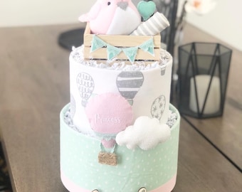 Mint Green and Pink Bird Hot Air Balloon Diaper Cake Baby Shower Sprinkle  Gift