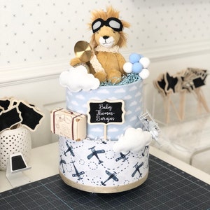 Medium Blue Lion Pilot Airplane Flight Travel Adventure Diaper Cake - Baby Shower, Birthday, Baby Sprinkle Gift / Centerpiece